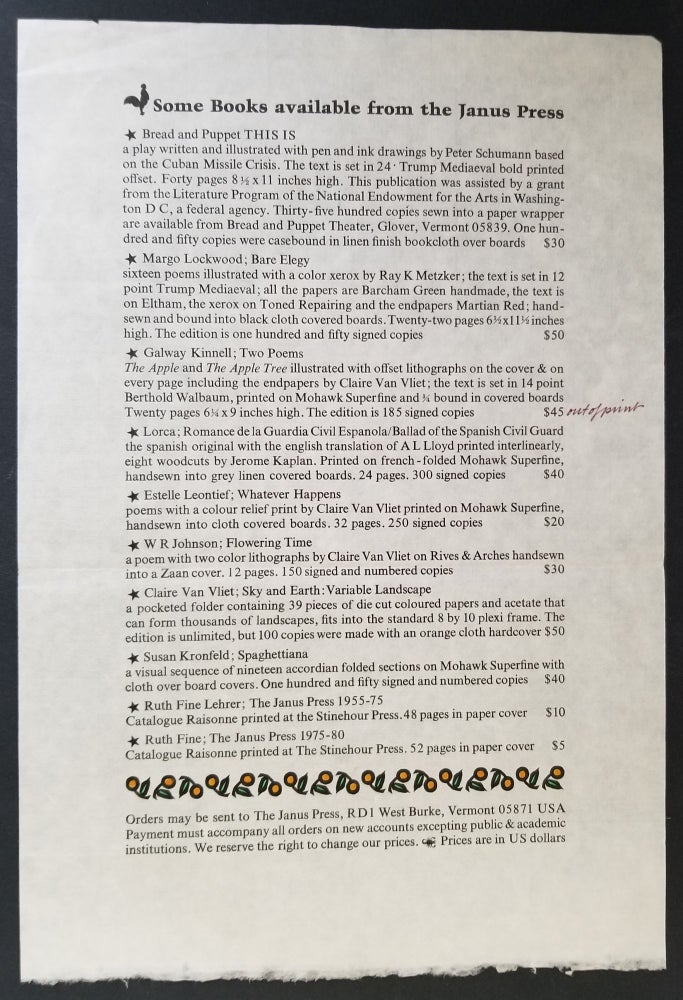 Item #20837 The 1981 Janus Press Checklist. Janus Press.