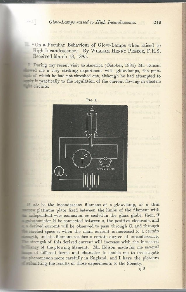 Item #27362 THE EDISON EFFECT: “On a peculiar behaviour of glow lamps when raised to high incandescence” (Proceedings of the Royal Society of London, Vol. 38, pp. 219-230). William Henry Preece.