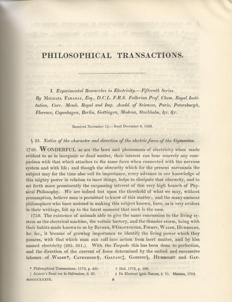Item #27489 ELECTRIC EEL RESEARCH "Experimental Researches in Electricity -- Fifteenth Series" (Philosophical Transactions of the Royal Society of London, Vol. 129 for the Year 1839 Part I & Part II, pp. 1-12). Michael Faraday.