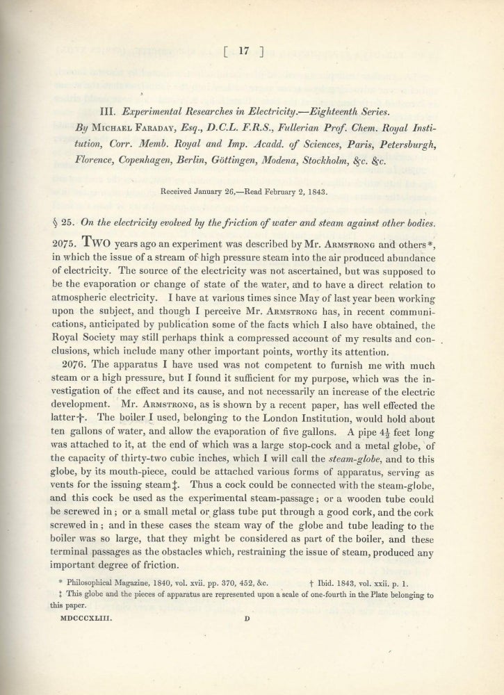Item #27495 "Experimental Researches in Electricity -- Eighteenth Series" (Philosophical Transactions of the Royal Society of London, Vol. 133 for the Year 1843 Part I & Part II, pp. 17-32). Michael Faraday.
