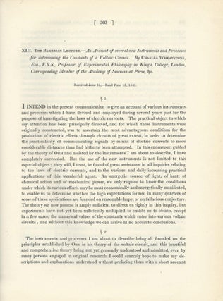 Item #27497 WHEATSTONE BRIDGE: “The Bakerian Lecture -- An Account of Several New Instruments...