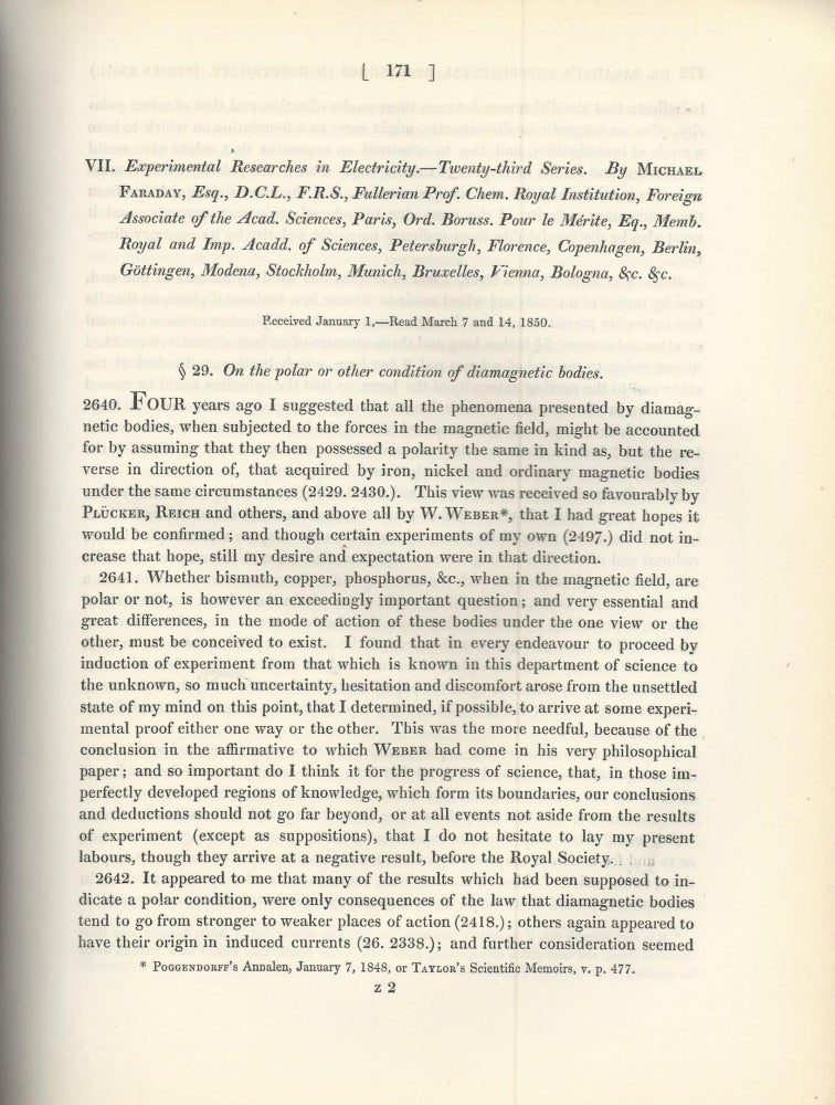 Item #27505 "Experimental Researches in Electricity -- Twenty-Third Series" (Philosophical Transactions of the Royal Society of London, Vol. 140 for the Year 1850 Part I, pp. 171-188). Michael Faraday.