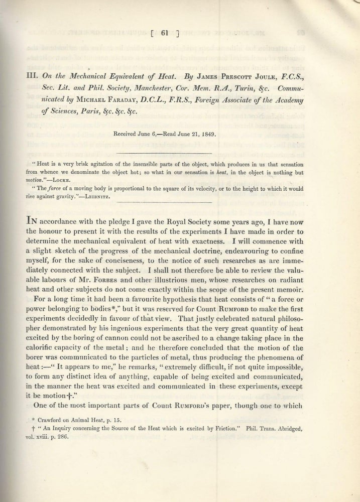 Item #27506 "On the Mechanical Equivalent of Heat" (Philosophical Transactions of the Royal Society of London, Vol. 140 for the Year 1850 Part I, pp. 61-82). James Prescott Joule.