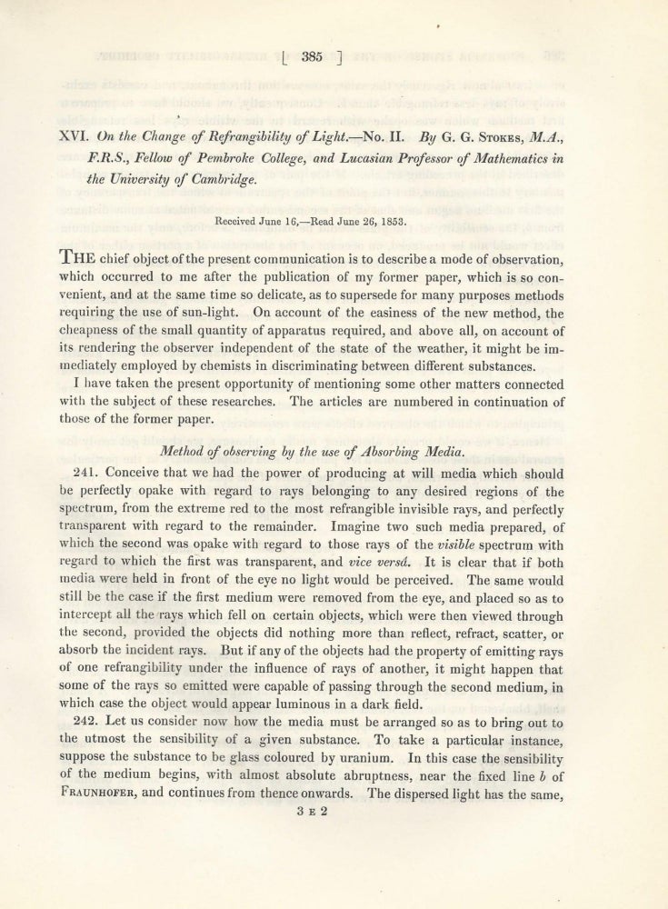 Item #27528 "On the Change of Refrangibility of Light. No II" (Philosophical Transactions of the Royal Society of London, Vol. 143 for the Year 1853 Part I & II, pp. 385-396). George Gabriel Stokes.