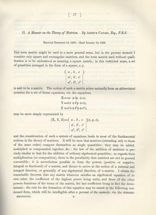 Item #27536 CAYLEY-HAMILTON THEORUM & MATRICES: "Memoir on the Theory of Matrices" & "A Memoir...