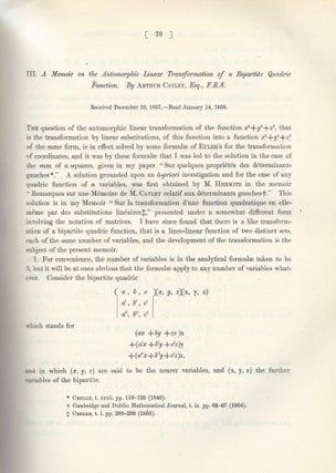 CAYLEY-HAMILTON THEORUM & MATRICES: "Memoir on the Theory of Matrices" & "A Memoir on the Automorphic Linear Transformation of Bipartite Quadric Function" (Philosophical Transactions of the Royal Society of London, Vol. 148 for the Year 1858, pp. 17-37, 39-52)