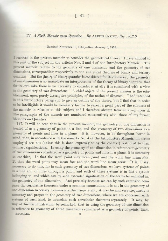 Item #27538 IMAGINARY DIMENSIONS IN GEOMETRY: "A Sixth Memoir Upon Quantics" (Philosophical Transactions of the Royal Society of London, Vol. 149 for the Year 1859, pp. 61-90). Arthur Cayley.
