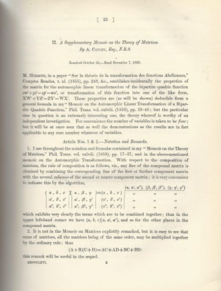Item #27555 "A Supplementary Memoir on the Theory of Matrices" (Philosophical Transactions of the...