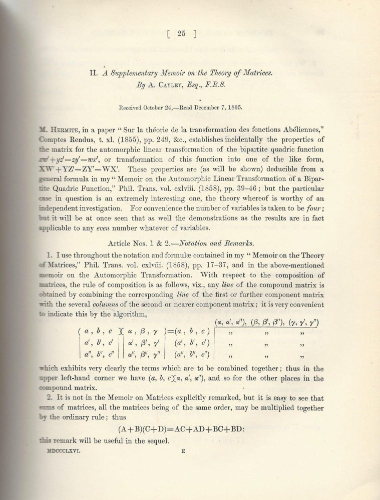 Item #27555 "A Supplementary Memoir on the Theory of Matrices" (Philosophical Transactions of the Royal Society of London, Vol. 156 for the Year 1866, pp. 25-35). Arthur Cayley.