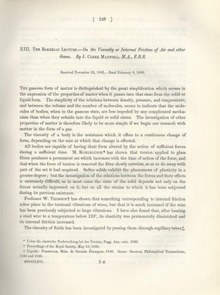 Item #27556 "The Bakerian Lecture: On the Viscosity or Internal Friction of Air and Other Gases"...