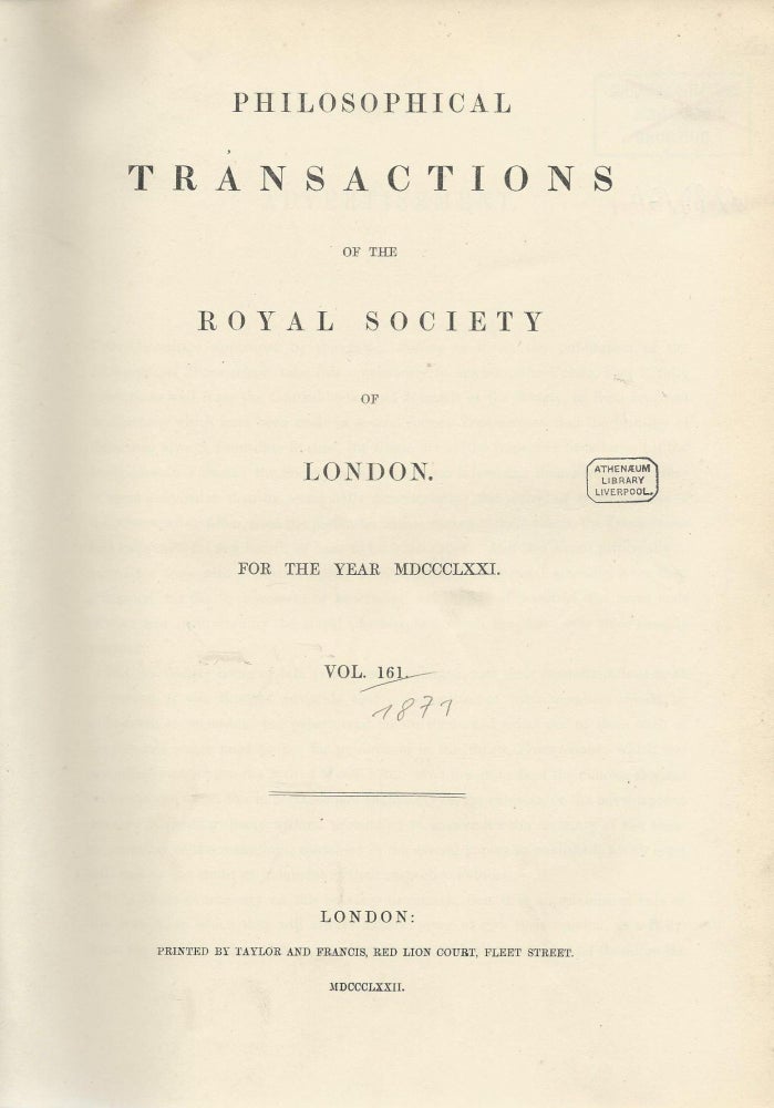 Item #27559 Philosophical Transactions of the Royal Society of London, Vol. 161 For the Year 1871. Royal Society of London.