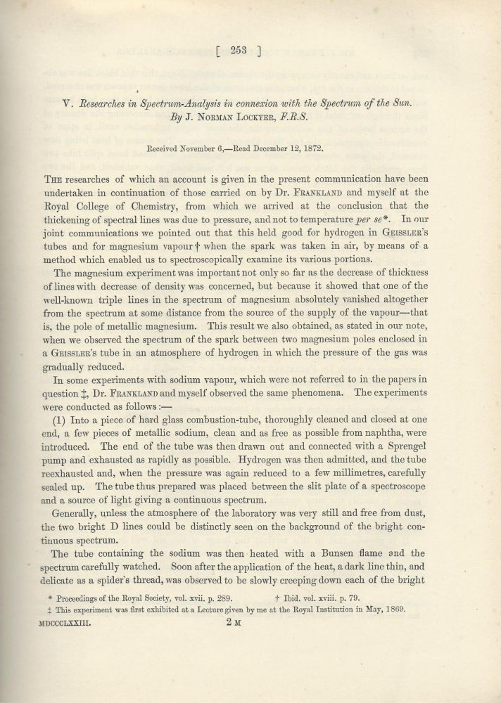 Item #27561 "Researches in Spectrum-Analysis in Connexion with the Spectrum of the Sun. I & II" (Philosophical Transactions of the Royal Society of London, Vol. 163 for the Year 1873, pp. 253-279, 639-658). J. Norman Lockyer.