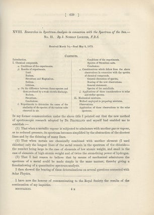 "Researches in Spectrum-Analysis in Connexion with the Spectrum of the Sun. I & II" (Philosophical Transactions of the Royal Society of London, Vol. 163 for the Year 1873, pp. 253-279, 639-658)
