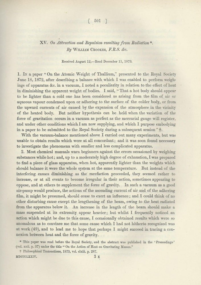 Item #27563 "On Attraction and Repulsion Resulting from Radiation" (Philosophical Transactions of the Royal Society of London, Vol. 164 for the Year 1874, pp. 501-527). William Crookes.