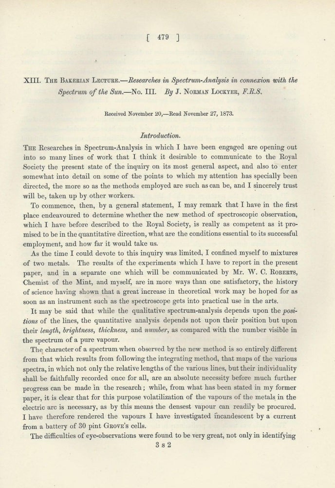 Item #27565 "Researches in Spectrum-Analysis in Connexion with the Spectrum of the Sun. No. III and IV" (Philosophical Transactions of the Royal Society of London, Vol. 164 for the Year 1874, pp. 479-494, 805-813). J. Norman Lockyer.