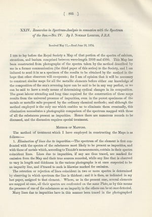 "Researches in Spectrum-Analysis in Connexion with the Spectrum of the Sun. No. III and IV" (Philosophical Transactions of the Royal Society of London, Vol. 164 for the Year 1874, pp. 479-494, 805-813)