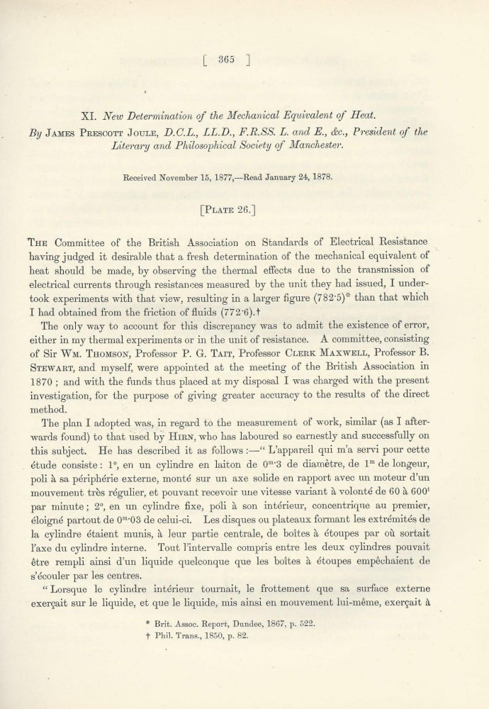 Item #27566 FINAL DETERMINATION OF THE JOULE: "New Determination of the Mechanical Equivalent of Heat" (Philosophical Transactions of the Royal Society of London, Vol. 169 for the Year 1878, pp. 365-383). James Prescott Joule.