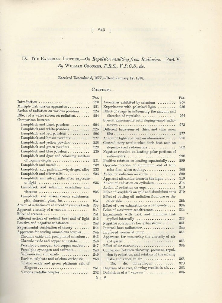 Item #27567 "The Bakerian Lecture: On Repulsion Resulting from Radiation. Part V" (Philosophical Transactions of the Royal Society of London, Vol. 169 for the Year 1878, pp. 243-318). William Crookes.