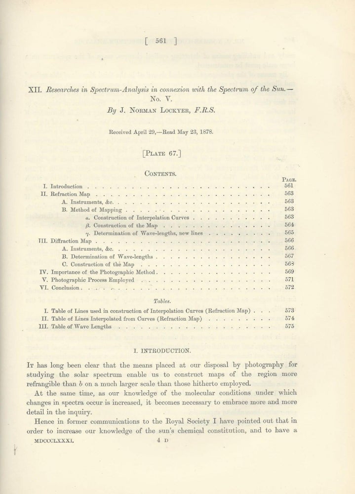 Item #27571 "Researches in Spectrum-Analysis in Connexion with the Spectrum of the Sun. No. V" (Philosophical Transactions of the Royal Society of London, Vol. 172 for the Year 1882, pp. 561-576). J. Norman Lockyer.