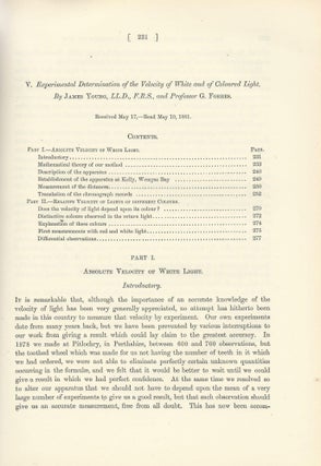 Item #27573 SPEED OF LIGHT: "Experimental Determination of the Velocity of White and of Coloured...