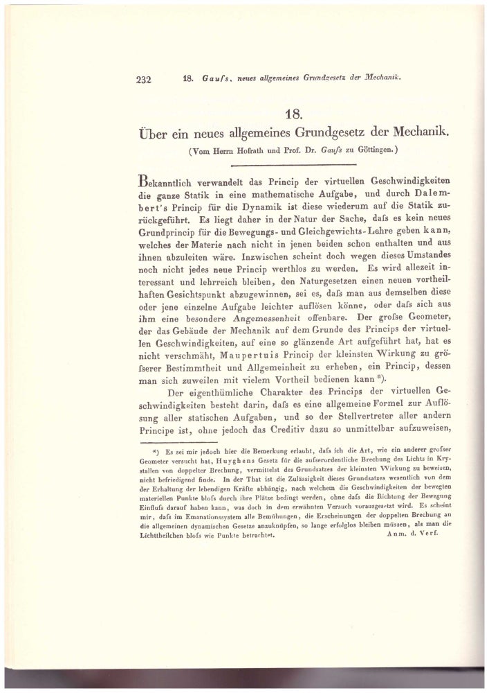 Item #27618 PRINCIPLE OF LEAST CONSTRAINT: “Über ein neues allgemeines Grundgesetz der Machanik” (Journal für die reine und angewandte Mathematik 4 pp. 232–235, 1829). Johann Carl Friedrich Gauss.