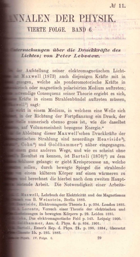 Item #27717 PRESSURE OF LIGHT: “Untersuchungen über die Druckkräfte des Lichtes” (Annalen der Physik: Vol. 6, pp. 433–458). Pyotr Lebedev.