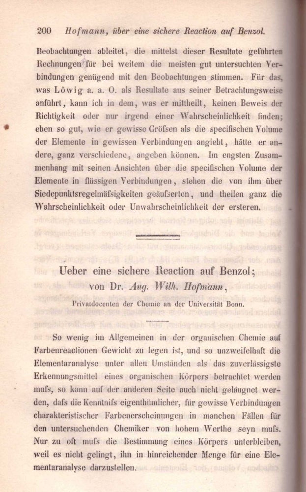 Item #27760 ISOLATION OF BENZENE FROM COAL TAR: "Ueber Eine Sichere Reaction auf Benzol" (Annalen der Chemie und Pharmacie: Volume 55, pp. 200-205). August Wilhelm von Hoffmann.