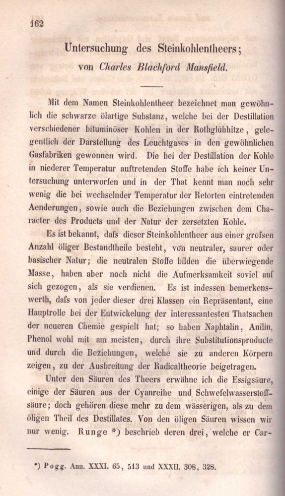 Item #27761 BENZENE PRODUCTON FROM COAL TAR: "Untersuchung des Steinkohlentheers" (Annalen der Chemie und Pharmacie: Volume 69, pp. 162-180). Charles Blackford Mansfield.