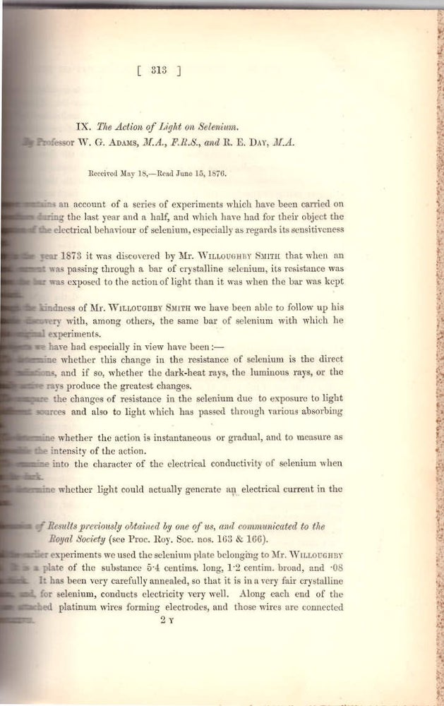 Item #28539 PHOTOVOLTAICS AND SOLAR ENERGY BEGIN: "The Action of Light on Selenium" (Philosophical Transactions of the Royal Society of London, Vol. 167 for the Year 1877 Part I & Part II, pp. 313-349). W. G. Adams, R. E. Day.
