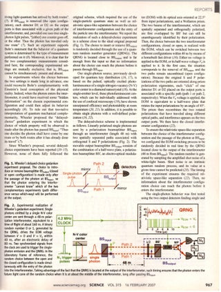 “Experimental Realization of Wheeler’s Delayed-Choice Gedanken Experiment” (Science 315 No. 5814 pp. 966–968, February 6, 2007)