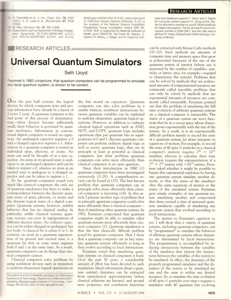 Item #29037 “Universal Quantum Simulators” (Science 273 No. 5278 pp. 1073–1078, August 23, 1996). Seth Lloyd.