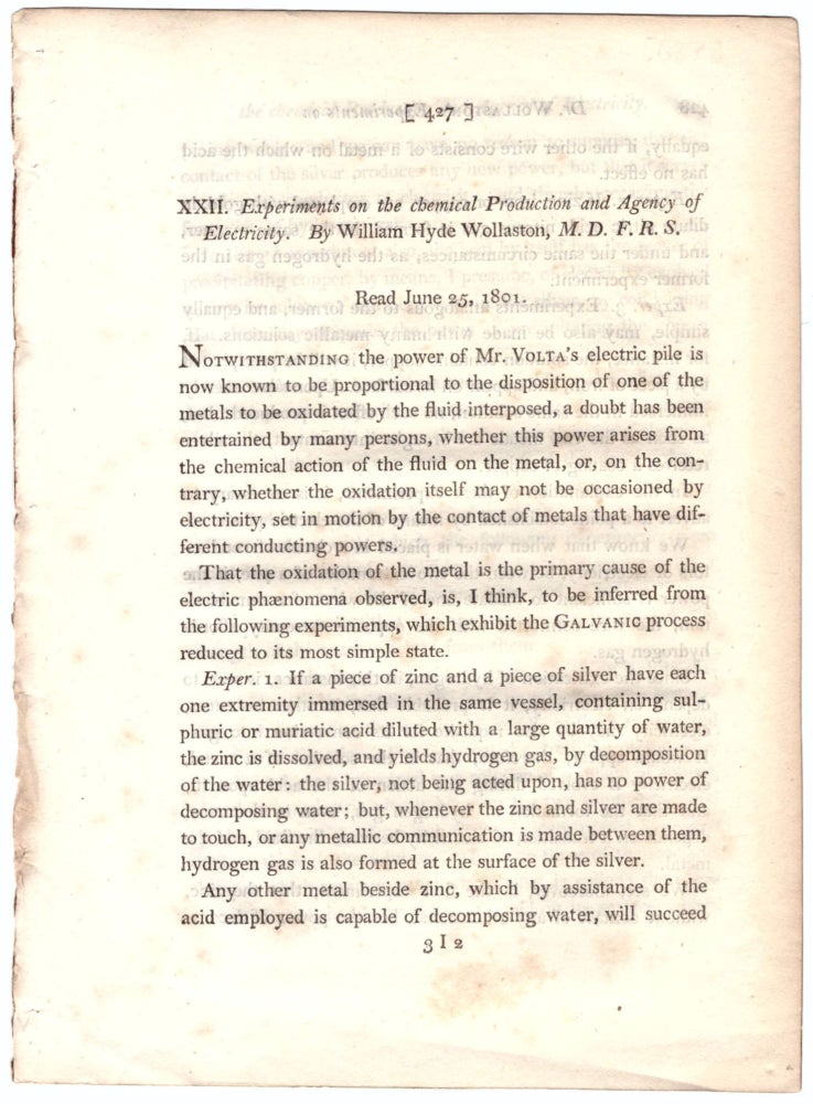 Item #29038 “Experiments on the Chemical Production and Agency of Electricity” (Philosophical Transactions of the Royal Society of London 91 pp. 427-434). William Hyde Wollaston.