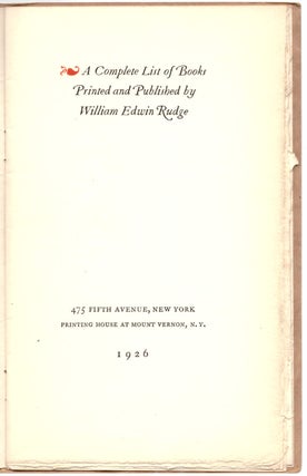 A Complete List of Books Printed and Published by William Edwin Rudge