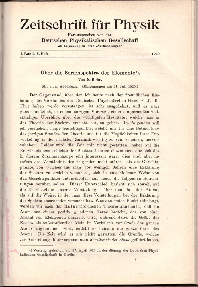 Item #29119 THE CORRESPONDENCE PRINCIPLE: “Über die Serienspektra der Elemente” (Zeitschrift für Physik: Volume 2, pp. 423-469). Niels Bohr.