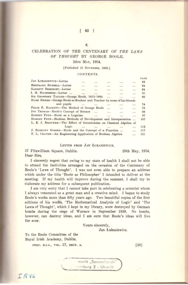 Item #29126 "Celebration of the Centenary of the 'Laws of Thought' by George Boole." (Proceedings of the Royal Irish Academy; Vol. 57, pp. 63-181). George Boole, Bertrand Russell.