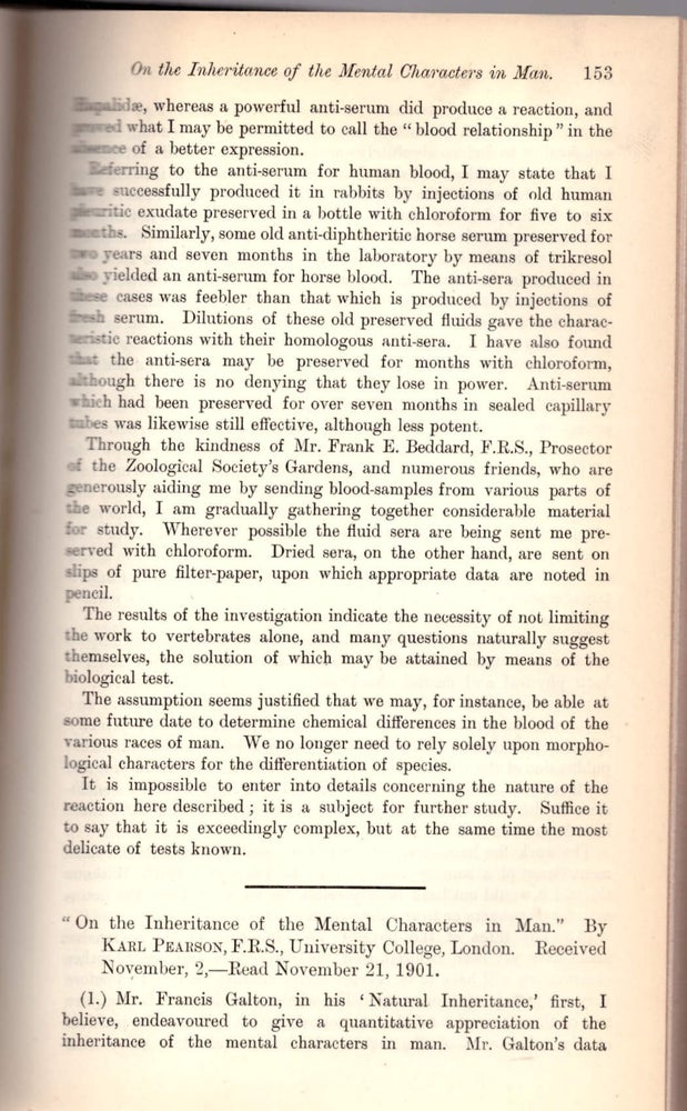 Item #29131 KARL PEARSON ON INTELLIGENCE: “On the Inheritance of the Mental Characters in Man;" "On the Influence of Natural Selection on the Variability and Correlation of Organs;" and "On the Correlation of Intellectual Ability with the Size and Shape of the Head” (Proceedings of the Royal Society of London, Vol. 69, pp. 153--155, 330-333, 333-342). Karl Pearson.