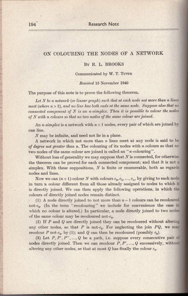 Item #29135 BROOK'S THEORUM: "On Colouring the Nodes of a Network" (Proceedings of the Cambridge Philosophical Society 37 pp. 194-197). R. Leonard Brooks.
