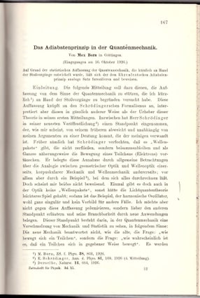 Item #29148 "Das Adiabatenprinzip in der Quantenmechanik” (Zeitschrift für Physik: Volume 40,...