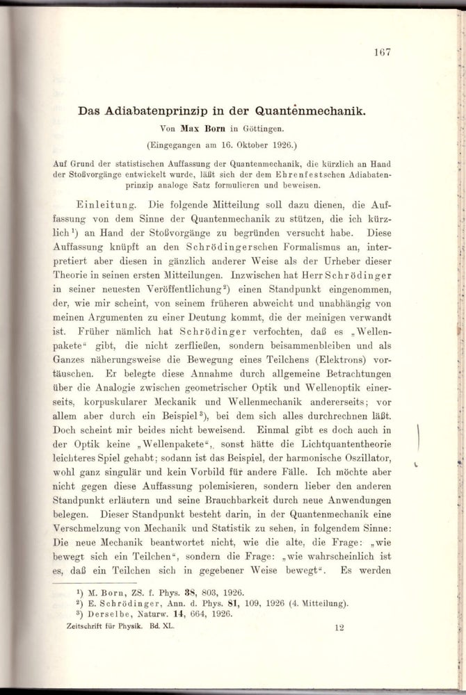 Item #29148 "Das Adiabatenprinzip in der Quantenmechanik” (Zeitschrift für Physik: Volume 40, pp. 167-192). Max Born.