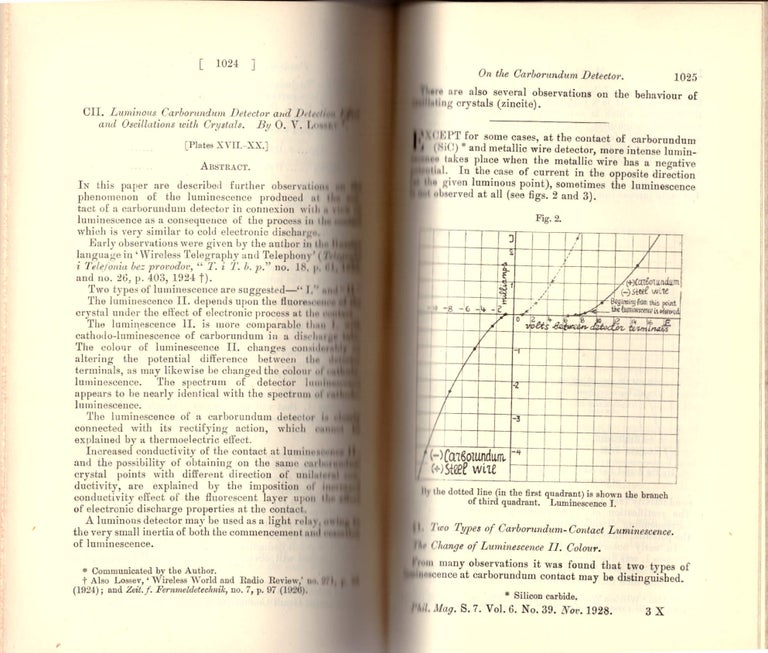 Item #29149 DISCOVERY OF THE LED. "Luminous Carborundum Detector and Detection Effect and Oscillations with Crystals" (The London, Edinburgh, and Dublin Philosophical Magazine and Journal of Science, Vol. VI, pp. 1024-1044). Oleg Vladimirovich Losev.