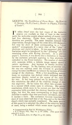 FIRST CALCULATION OF THE CHANDRASEKHAR LIMIT: “The Limiting Density of White Dwarf Stars” and “The Equilibrium of Dense Stars” (The London, Edinburgh, and Dublin Philosophical Magazine and Journal of Science Vol VII, pp. 63–70, 1929 and Vol. IX, pp. 944–963, 1930) -- 2 Volumes